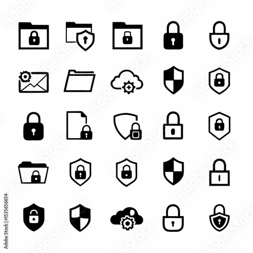 Design a set of modern, visually appealing icons representing various data encryption and security methods.  Include padlock, key, shield, firewall, and encrypted data symbols.