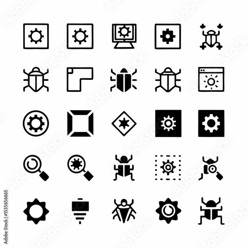 Create a vibrant icon set depicting various debugging and software testing processes.  Include icons for bug fixing, code review, testing phases, and quality assurance.