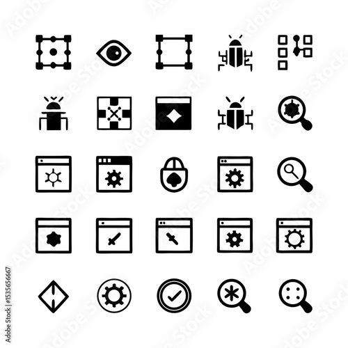 Create a vibrant icon set depicting various debugging and software testing processes, including bug fixing, code review, and testing methodologies.