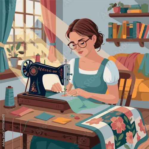 Young woman sewing quilt using vintage sewing machine in sunny room art home teal cozy calm craft brown table hobby retro