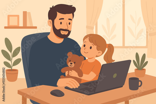 Father works from home on laptop with daughter on his lap. Work-life balance concept. Man with child and teddy bear. Remote work, freelance, family care, modern parenting vector.