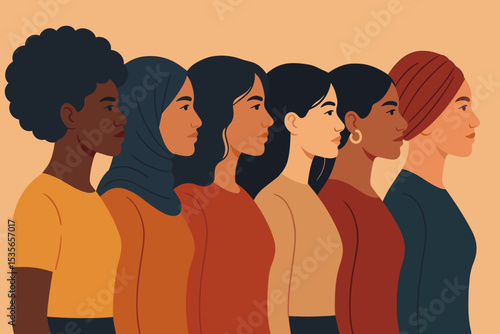 Diverse women group standing together in profile. Multiethnic female community celebrating sisterhood, unity and empowerment. Feminism concept for women's day and equality.