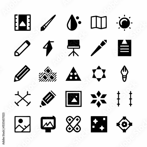 Create a vibrant icon pack featuring diverse drawing and sketching tools, including pencils, pens, brushes, palettes, and a sketchbook.  High-quality vector graphics are preferred.
