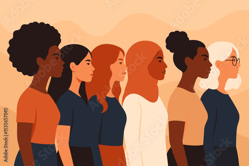 Diverse group of women standing together side by side. Multiethnic and multicultural females. Concept of sisterhood, solidarity, female empowerment, unity, feminism, equality.