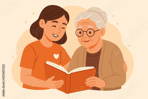 Elderly care vector illustration. Young volunteer or granddaughter reading a book to a senior woman with glasses. Concept of compassion, support, nursing home, and family time.