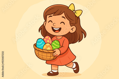 Cute cartoon girl on an Easter egg hunt, happily carrying a basket full of colorful decorated eggs. Joyful child character celebrating the spring holiday. Vector illustration for kids.