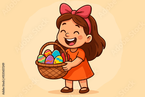 Cute cartoon girl smiling happily, holding a basket full of colorful decorated Easter eggs. Happy Easter concept for holiday celebration, spring tradition and egg hunt. Vector illustration.