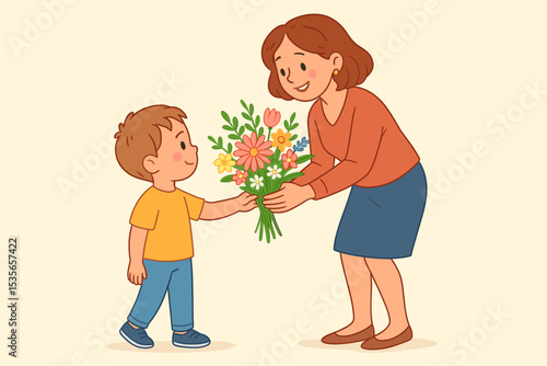Cute little boy giving a beautiful flower bouquet to his loving mother. Happy Mother's Day celebration concept. Cartoon vector illustration of a son showing gratitude and love to his mom.
