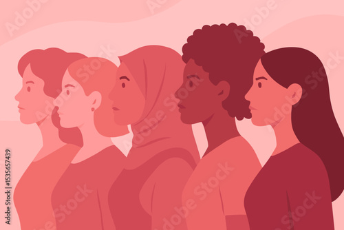 Diverse women group profile illustration. Concept of female empowerment, sisterhood, and solidarity. Multiethnic community of women for International Womens Day. Feminism vector.