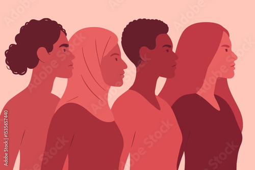 Female empowerment concept. Diverse group of women of different ethnicities standing together in profile. Unity, solidarity, and sisterhood. Feminism, gender equality, and women's rights.