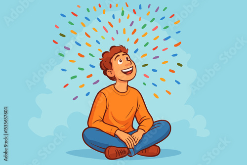 Young person meditating with crossed legs surrounded by colorful confetti bursts, inspiration and creativity concept, calm mindfulness, mental clarity, meditation and relaxation illustration