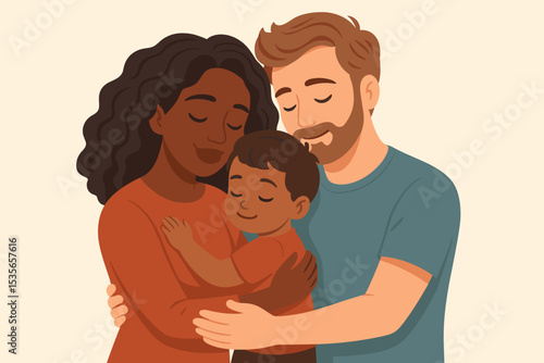 Loving mixed-race family embracing. Diverse parents, black mother and white father, hugging their child. Concept of multiracial parenthood, togetherness, adoption, love and care.
