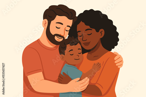Happy multiracial family embracing their son. Loving Black mother and white father hug their child. Concept of parenthood, diversity, adoption, unity, love and togetherness.