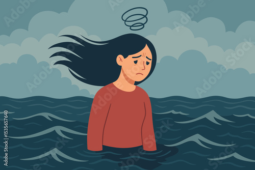 Mental health metaphor. Sad woman in stormy sea of sorrow. Concept of depression, anxiety, emotional turmoil, burnout, stress, crisis. Feeling lost, overwhelmed, confused. Psychology.