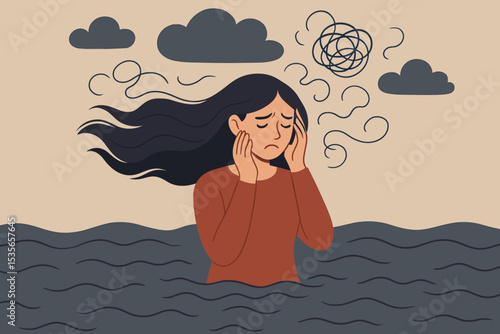 Mental health concept. Sad woman drowning in depression and anxiety. Metaphor of emotional burnout, stress, and psychological problems. Unhappy person with confused thoughts.