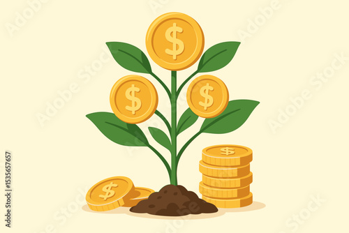 Money tree with golden dollar coins growing on plant from soil. Financial investment and growth concept. Business profit, savings, income, and wealth accumulation metaphor vector.
