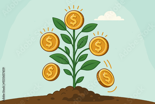 Money tree with gold dollar coins growing from a plant. Financial growth and investment concept. Business metaphor for success, wealth, profit, and return on investment (ROI).