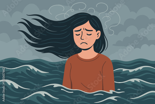 Sad woman in stormy sea of sorrow. Metaphor for depression, anxiety, mental health issues. Girl feeling overwhelmed, stressed, lost. Concept of emotional burnout and despair.