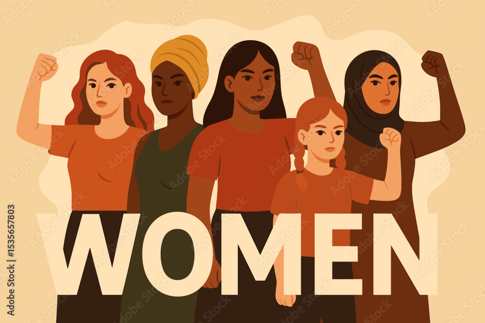 International Women's Day concept. Diverse group of women united for feminism and empowerment. Raised fists symbolize solidarity, protest, and sisterhood. Multicultural girl power vector. International Women's Day concept. Diverse group of women united for feminism and empowerment. Raised fists symbolize solidarity, protest, and sisterhood. Multicultural girl power vector.