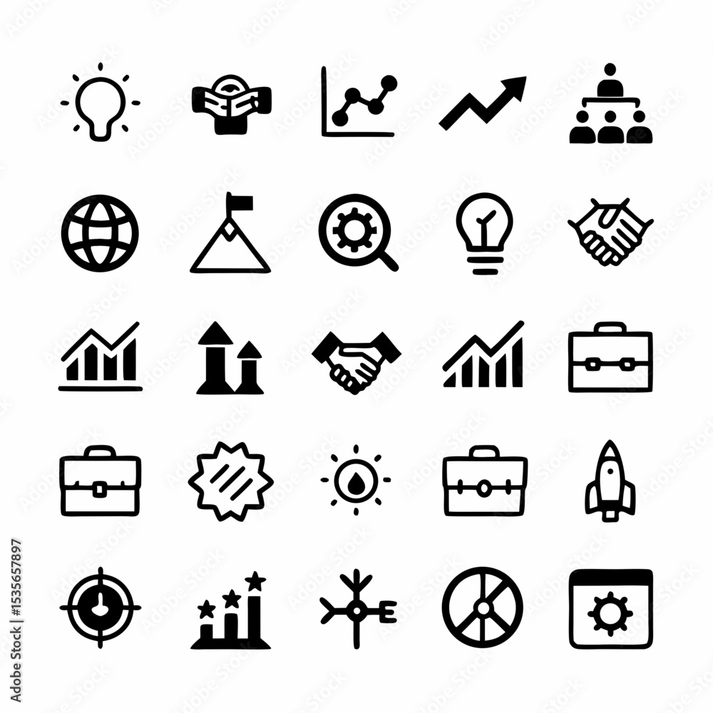 Fototapeta premium Design a vibrant icon pack representing key stages of an entrepreneur's journey idea, planning, launch, growth, success. Include relevant symbols.