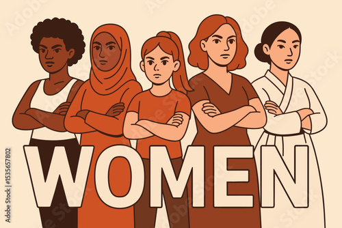 Group of diverse women stand together. International Women's Day. Feminism concept, girl power, equality, unity. Multicultural sisterhood, solidarity and female rights protest.