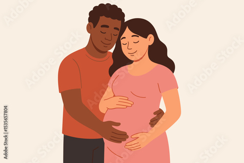 Happy interracial couple expecting a baby. Pregnant woman and black man lovingly embrace, touching the belly. Multicultural family, maternity and parenthood vector concept illustration.