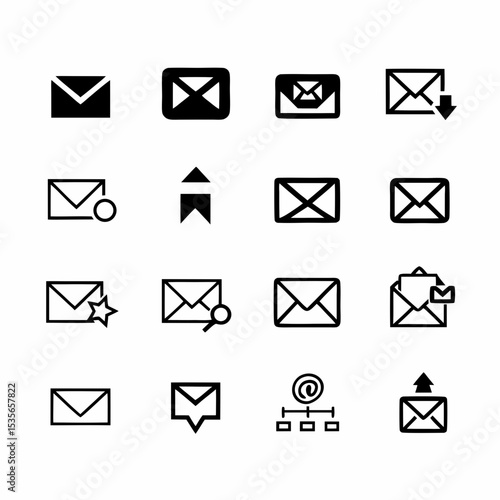 Design a vibrant icon pack featuring various email and inbox symbols; include  new message, sent, unread, trash, and settings icons.  High resolution, modern aesthetic.
