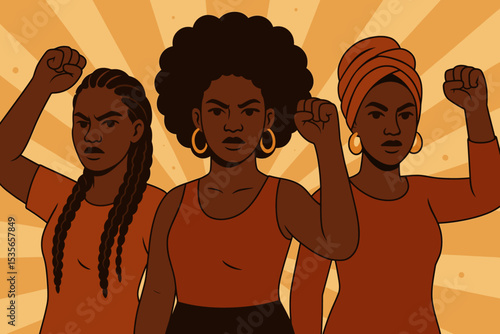 Three strong African women with raised fists. Concept of protest, empowerment, unity and feminism. Black women power, sisterhood and solidarity. Retro propaganda style vector.