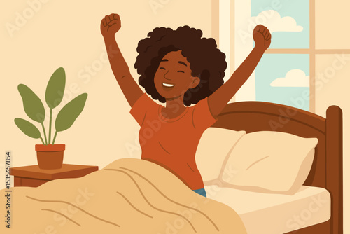 Happy young Black woman stretching in bed after waking up in the morning sun. Concept of a new day, rest, self-care, and a healthy lifestyle. Positive morning routine vector illustration.