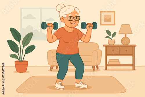 Active senior woman exercising with dumbbells at home. Elderly female character doing fitness workout. Healthy lifestyle and wellness concept for older people. Strength training.