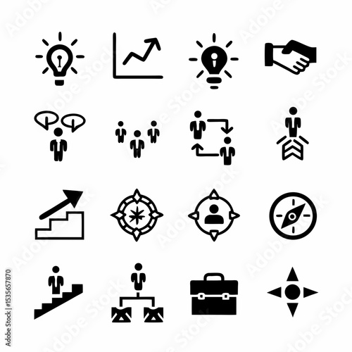 Design a vibrant icon pack depicting key stages of an entrepreneur's journey idea generation, funding, growth, success, and challenges.  Include relevant symbols.