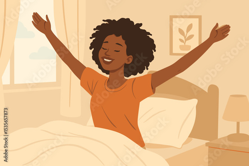 Happy African American woman waking up in the morning, stretching in bed with a smile. Concept of a new day, well-being, self-care, positive energy, good sleep. Vector.