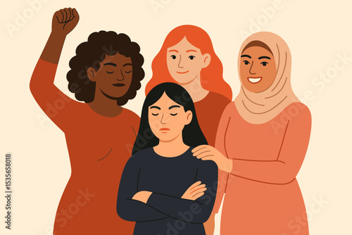 Diverse women supporting sad friend. Female solidarity and sisterhood concept. Mental health, depression, and empathy. Multiethnic group showing unity, friendship, and empowerment.