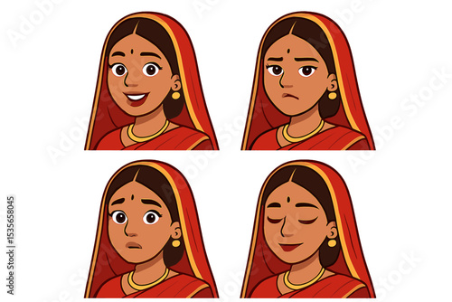 Traditional Indian woman character emotion set. Female avatar in sari with various facial expressions like smiling, sad, anxious, and content. Vector illustration headshot icon pack.