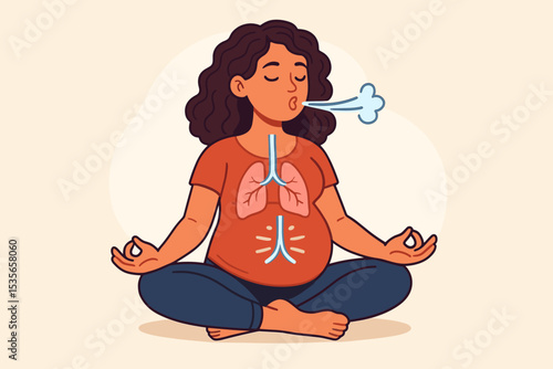 Pregnant woman doing breathing exercise in yoga pose. Prenatal meditation for relaxation and calm. Maternity wellness concept for childbirth preparation. Lungs diagram for deep breath.