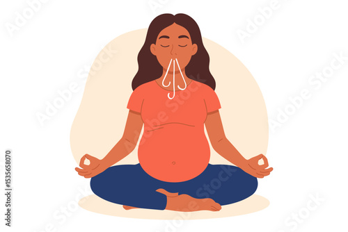 Pregnant woman doing breathing exercise and meditation in yoga lotus pose. Concept of mindfulness, relaxation, health and calm for expecting mother. Prenatal wellness vector.