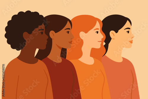 Diverse group of women standing together. Concept of sisterhood, unity, and female solidarity. Multicultural friends profile portrait. Feminism and racial gender equality.
