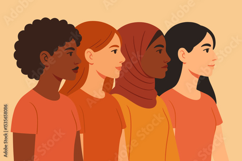 Group of diverse women standing together in unity. Profile of multiethnic females representing sisterhood, solidarity, and empowerment. Feminism, women's rights, and support concept.