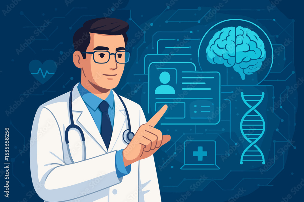 Doctor using a futuristic healthcare interface. Digital health technology concept with electronic patient records, brain analysis, and DNA data. Telemedicine and AI in medicine. Doctor using a futuristic healthcare interface. Digital health technology concept with electronic patient records, brain analysis, and DNA data. Telemedicine and AI in medicine.