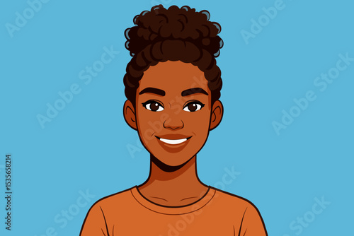 Beautiful smiling Black woman portrait. Young confident African American girl with curly hair bun hairstyle. Happy female character avatar face. Flat cartoon vector illustration.