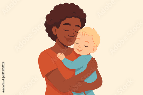 Loving embrace of an African American mother holding her adopted caucasian baby boy. Tender moment of motherhood and diverse family love. Vector illustration for maternity concept.