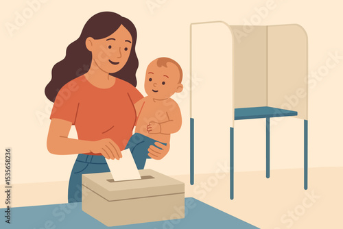 Mother with baby voting at a polling station. Woman casting a ballot in a box. Concept of civic duty, democracy, election day, and making a choice for the future generation.