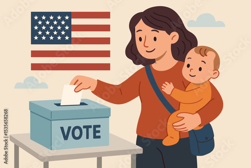 Mother carrying her baby casts vote in the USA election. Woman at a polling station with child. American flag background. Concept of democracy, civic duty, voting for the future.