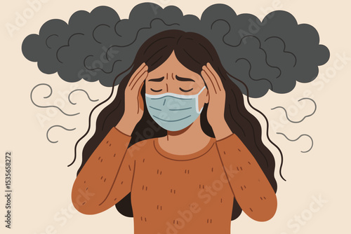 Sad woman in face mask suffering from anxiety, depression, stress. Dark cloud metaphor for negative thoughts, mood disorder, psychological problems. Mental health awareness concept.