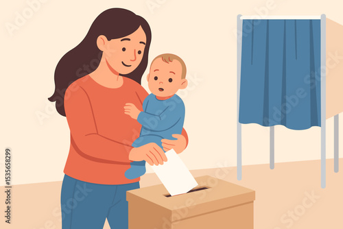 Mother with baby casting vote in ballot box at polling station. Concept of election, democracy, civic duty, and future generations. Woman exercising her right to vote.