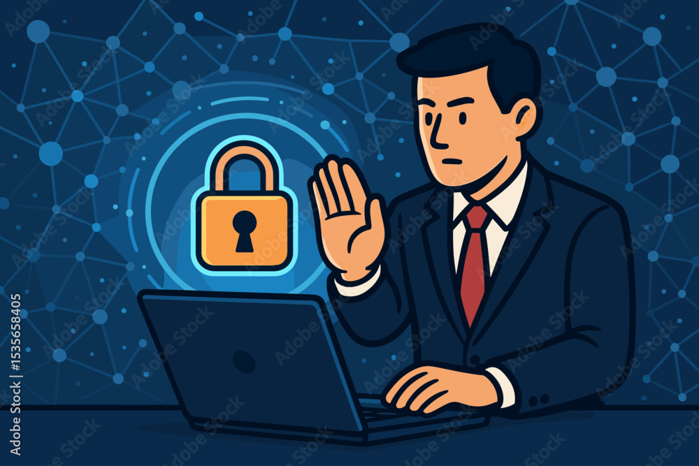 Cyber security concept vector. Businessman at laptop protecting digital data with stop hand gesture. Padlock icon symbolizes network safety, privacy, firewall, and antivirus. Cyber security concept vector. Businessman at laptop protecting digital data with stop hand gesture. Padlock icon symbolizes network safety, privacy, firewall, and antivirus.
