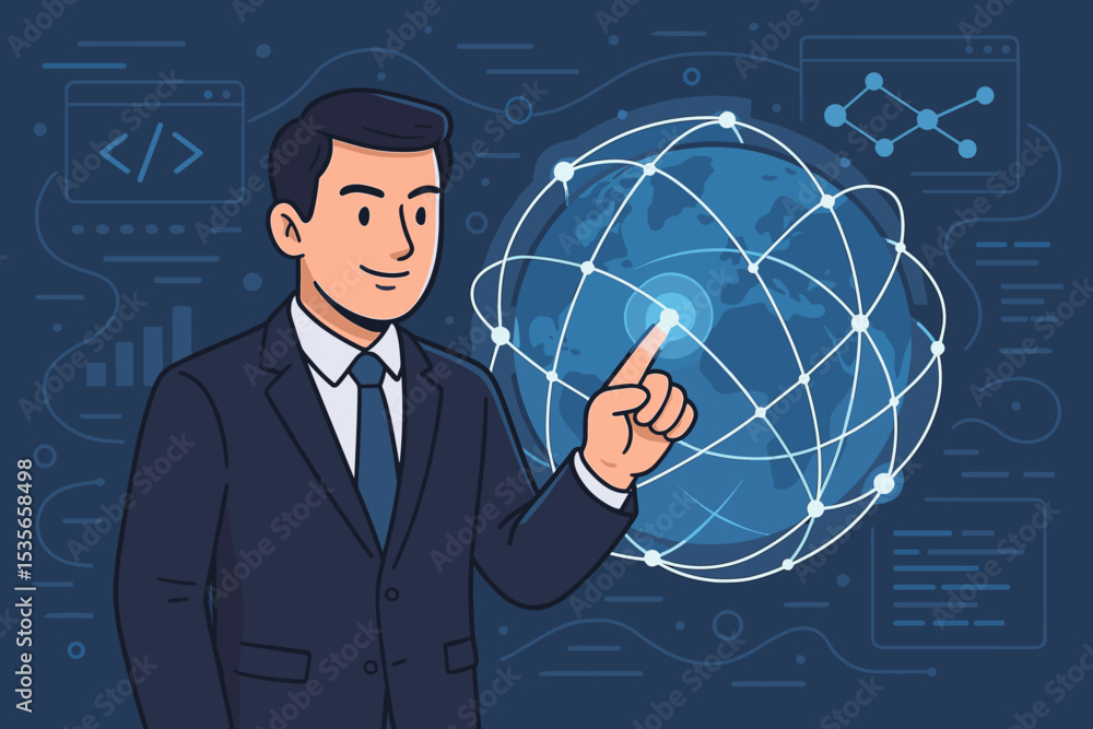 Businessman touching futuristic interface with glowing globe and network connection. Concept of global business, data analytics, digital transformation, coding, and internet technology. Businessman touching futuristic interface with glowing globe and network connection. Concept of global business, data analytics, digital transformation, coding, and internet technology.