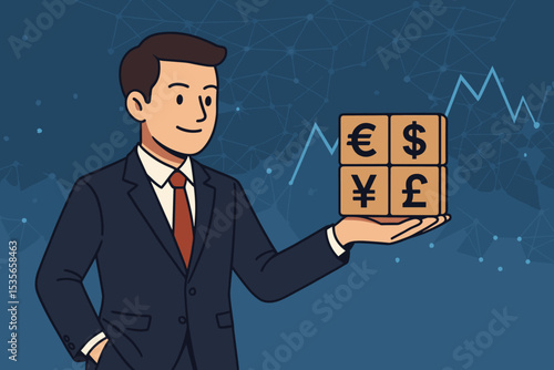 Forex trading vector illustration. Businessman holds blocks with currency symbols. Concept for global finance, stock market, foreign exchange, investment, economy, and business growth.