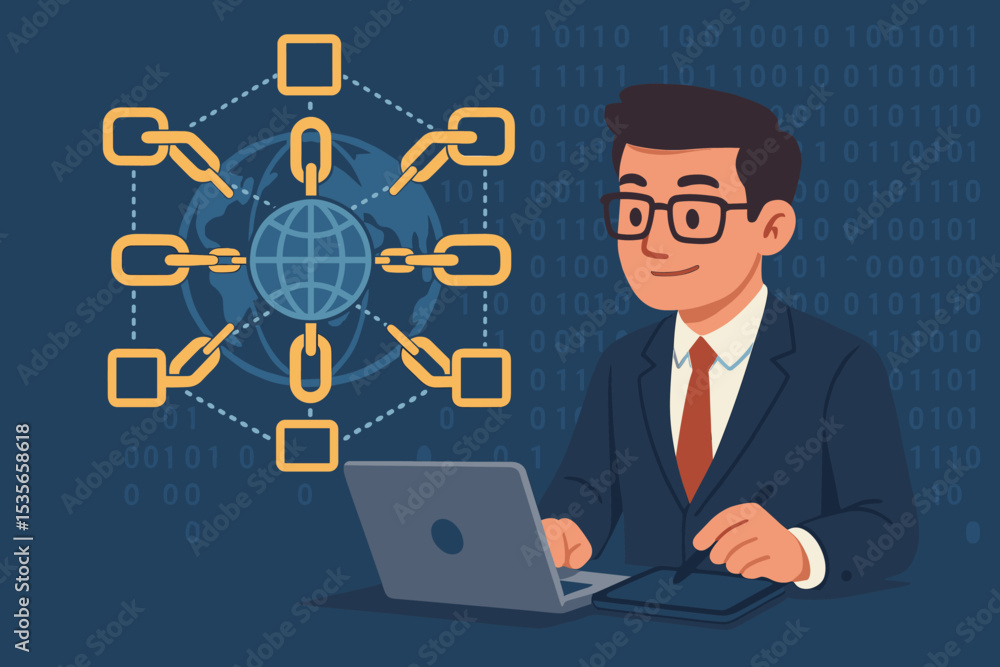Blockchain technology concept with developer or businessman at computer. Man working on decentralized global network. Fintech, cryptocurrency, data security, peer-to-peer transaction. Blockchain technology concept with developer or businessman at computer. Man working on decentralized global network. Fintech, cryptocurrency, data security, peer-to-peer transaction.