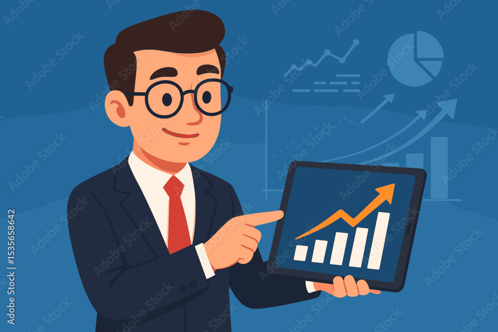 Business growth analysis concept. Businessman with tablet showing success chart. Financial advisor, market report, investment profit. Arrow up graph. Data analytics presentation. Business growth analysis concept. Businessman with tablet showing success chart. Financial advisor, market report, investment profit. Arrow up graph. Data analytics presentation.